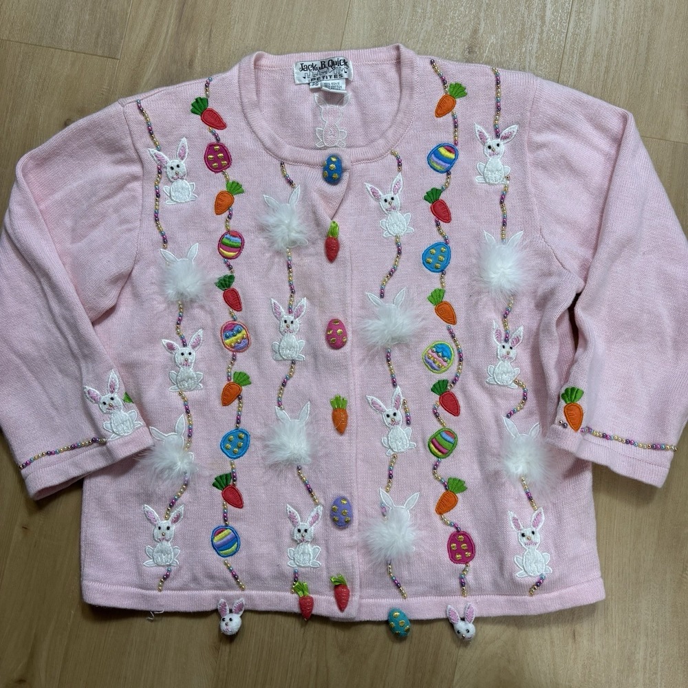 VTG Jack B Quick Petites Small Pink Easter Eggs 3D Bunny Cardigan Sweater Fuzzy